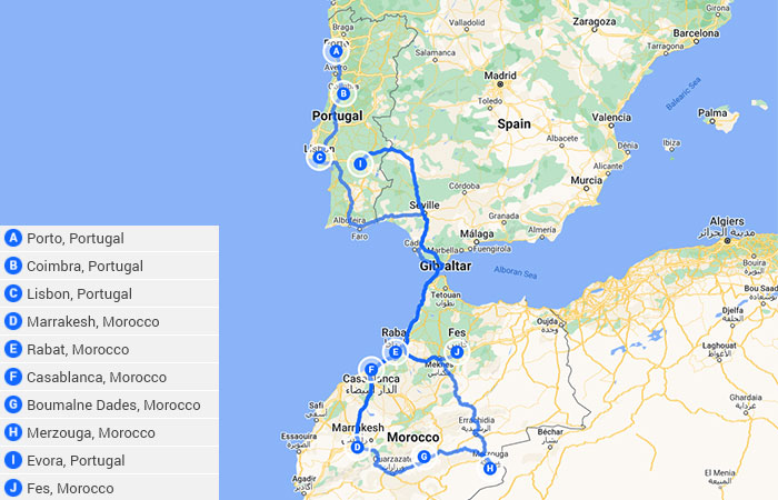 2 semanas en Portugal y Marruecos 5 ideas de itinerario únicas Mapa