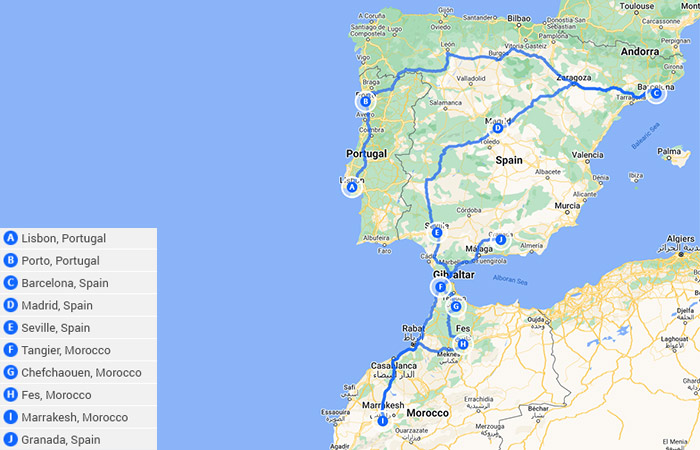 3 semanas en España, Portugal y Marruecos 5 ideas de itinerario únicas - Mapa