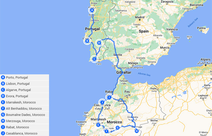 3 semanas en Portugal y Marruecos 4 ideas de itinerario únicas Mapa