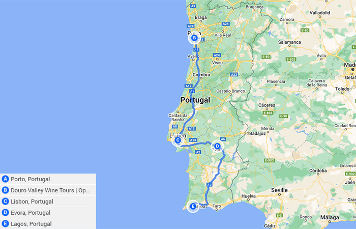 De Oporto al Algarve 11 Días Mapa