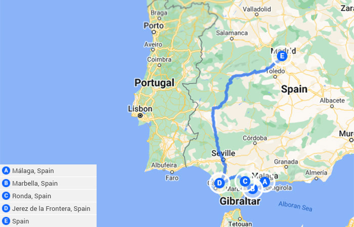 El mejor viaje por carretera por Andalucía 8 días Mapa