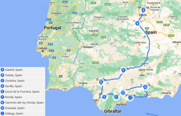 El mejor viaje por carretera por el sur de España de Madrid a Andalucía 10 días Mapa