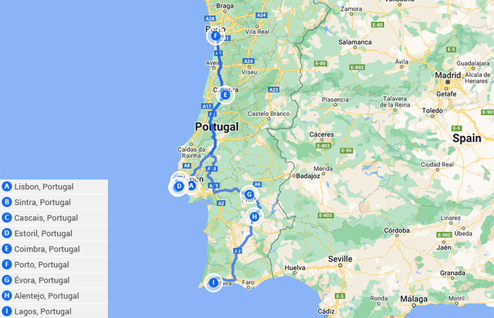 Lisboa, Oporto, Évora y el Algarve 10 Días Mapa