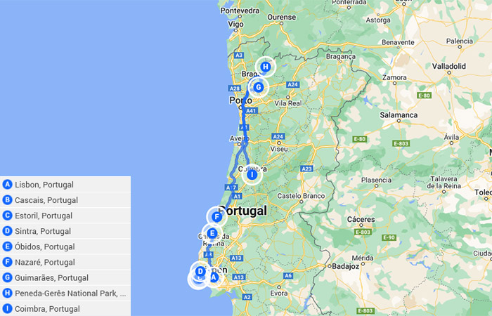 Lisboa, Sintra, Nazaré y Oporto 9 días Mapa