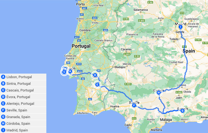 Lo más destacado de Portugal y España de Lisboa a Madrid 13 días Mapa