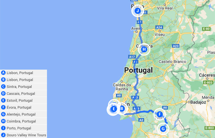 Lisboa, Oporto, Évora, Valle del Duero 10 días Mapa