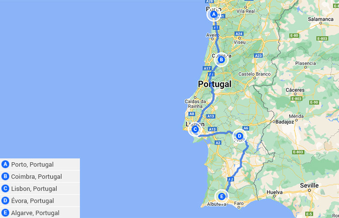 Oporto, Coimbra, Lisboa, Évora y el Algarve 14 días Mapa