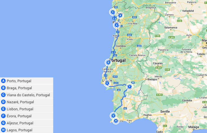 Oporto, Lisboa, el Algarve y el Parque Nacional Peneda-Gerês 14 días Mapa