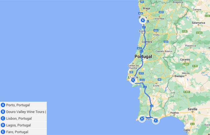 Oporto, Lisboa y el Algarve 13 días Mapa