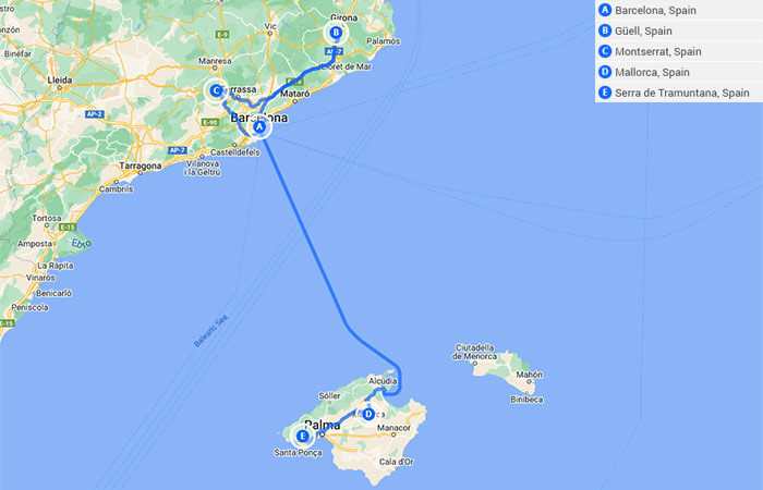 Mapa - Lo más destacado de Barcelona y Mallorca ciudades, playas y montañas - 10 días