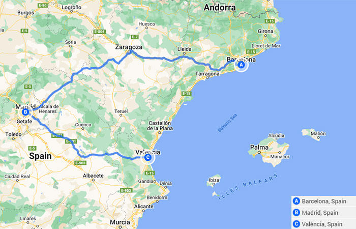 Mapa - Viaje en familia a España Barcelona, ​​Valencia y Madrid - 9 días