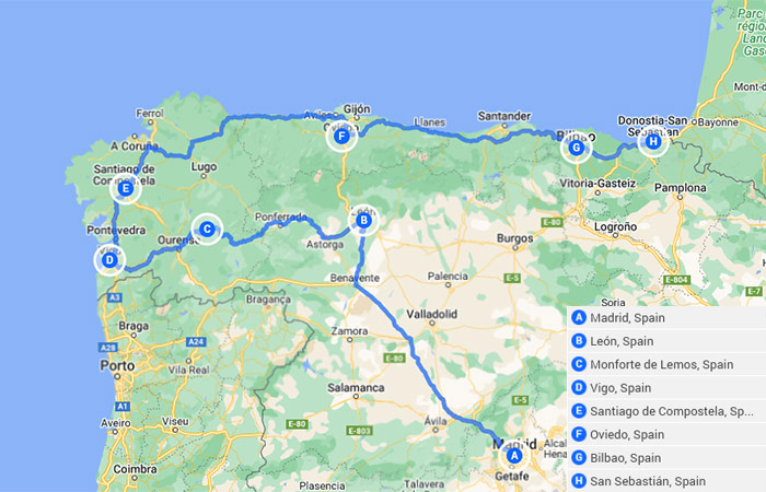 Mapa - El mejor viaje por carretera por el norte de España Madrid, Galicia y el País Vas