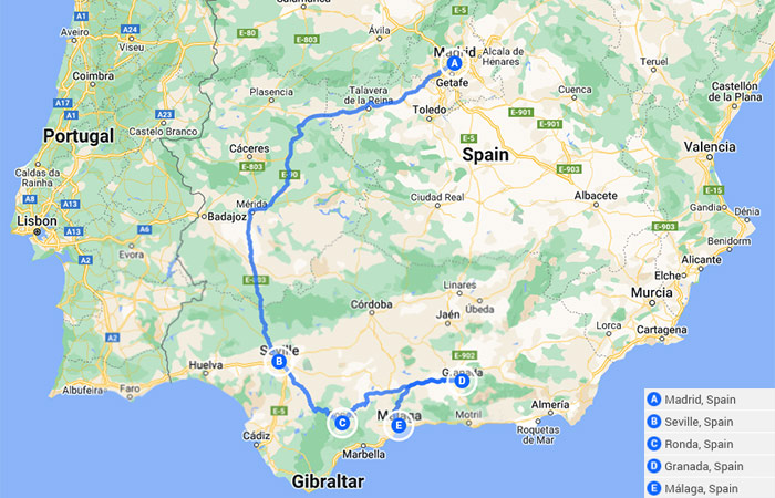 Mapa - Madrid y Andalucía Sevilla, Ronda, Granada y Málaga - 14 Días