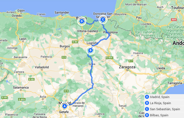 Mapa - Viaje por carretera por el norte de España de Madrid al País Vasco - 8 días