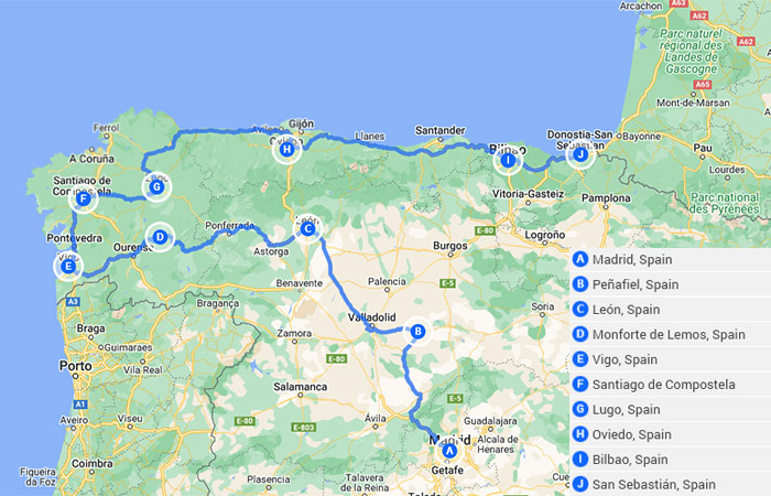 Mapa - El mejor viaje por carretera por el norte de España Madrid, Galicia y el País Vas