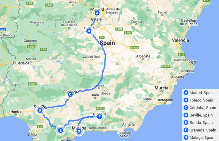 Mapa - El mejor viaje por carretera por el sur de España de Madrid a Andalucía 12 días