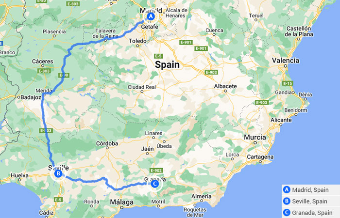 Mapa - El mejor viaje por carretera por el sur de España de Madrid a Andalucía 7 días