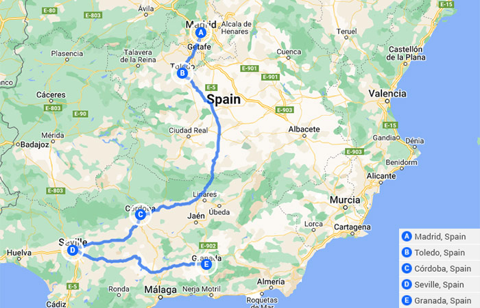 Mapa - El mejor viaje por carretera por el sur de España de Madrid a Andalucía 9 días