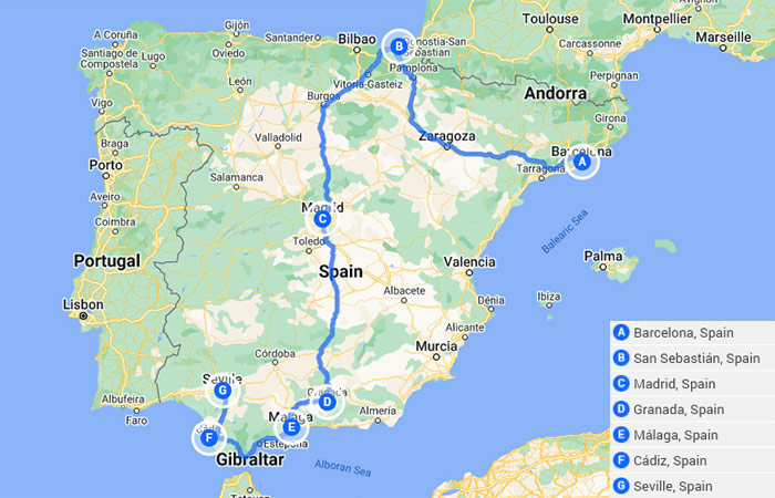 Mapa - España de Norte a Sur del País Vasco a Andalucía - 21 Días