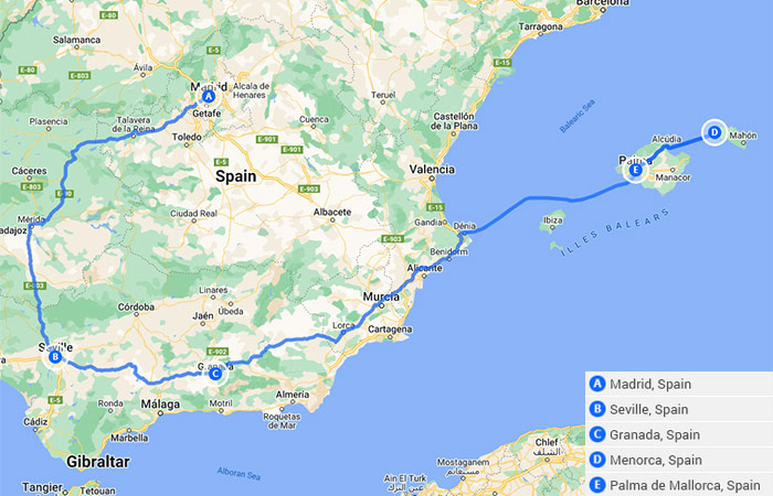 Mapa - Lo más destacado de España Madrid, Sevilla, Granada y las Islas Baleares - 14 días