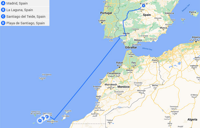 Mapa - Viaje en carretera por las Islas Canarias Madrid, Tenerife y La Gomera - 10 días