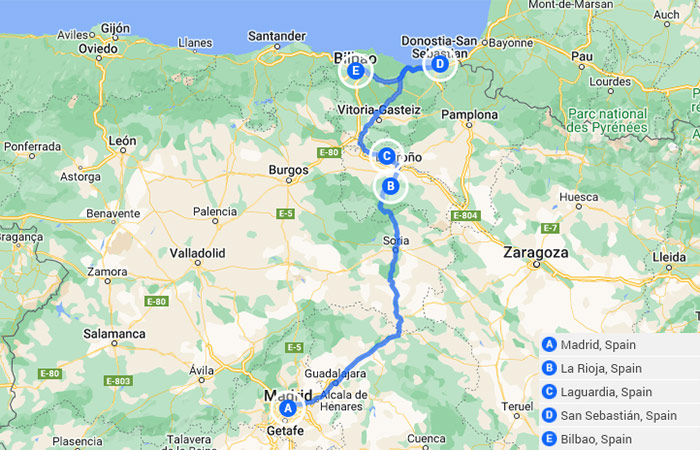 Mapa - Viaje por carretera por el norte de España de Madrid al País Vasco - 10 días