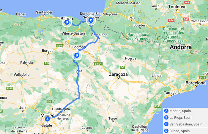 Mapa - Viaje por carretera por el norte de España de Madrid al País Vasco - 7 días