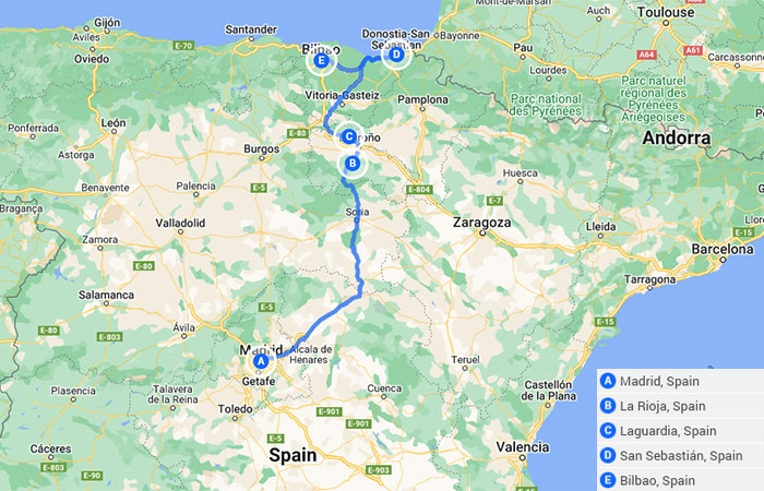 Mapa - Viaje por carretera por el norte de España de Madrid al País Vasco - 9 días