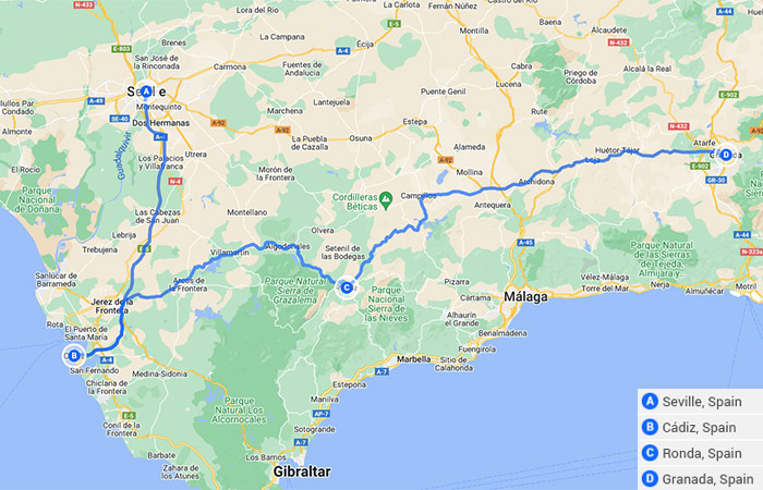 Mapa - Andalucía sin conductor Sevilla, Cádiz, Ronda y Granada - 7 días