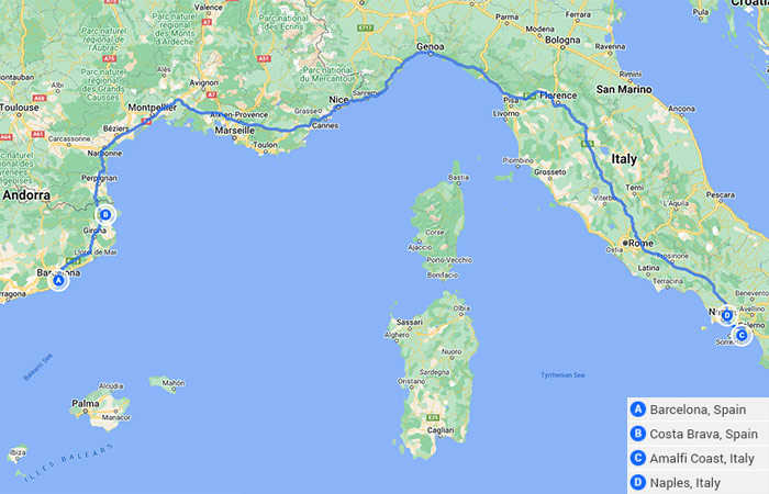 Mapa -Viaje por la costa de España y el sur de Italia: Barcelona, ​​Costa Brava, Costa Amalfitana y Nápoles - 10 días