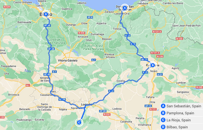 Mapa - Conducir por el País Vasco, La Rioja y Navarra - 7 días