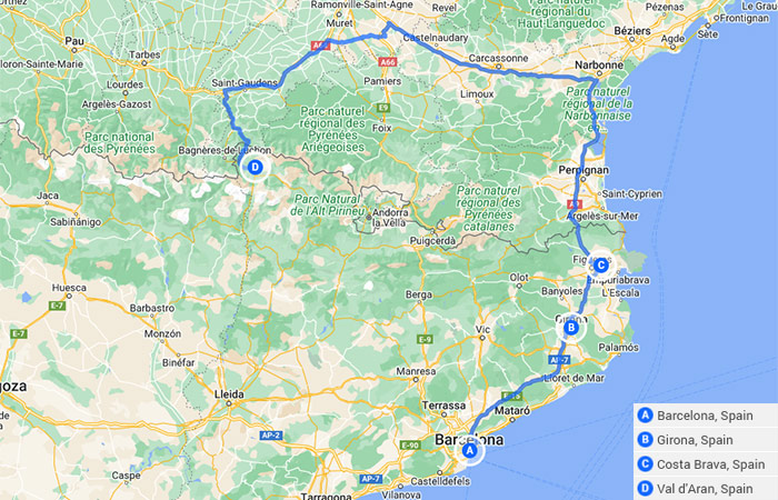 Mapa - Costa Brava y Pirineos en coche 10 días