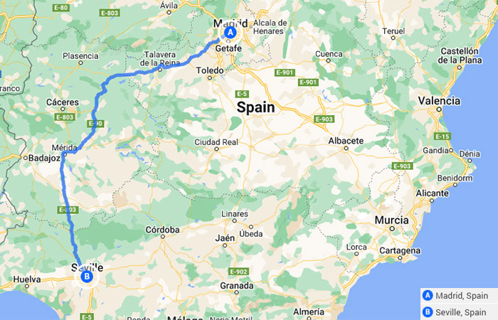 Mapa - El mejor viaje por carretera por el sur de España de Madrid a Andalucía 6 días