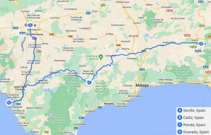 Mapa - Recorriendo Andalucía en coche - 6 días