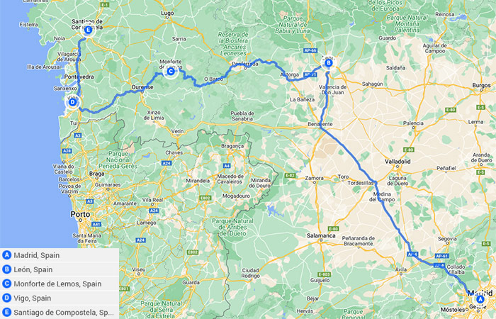 Mapa - Road Trip por España Madrid, León y Santiago de Compostela - 8 días