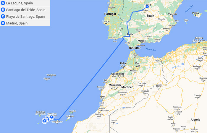 Mapa - Viaje en carretera por las Islas Canarias salvajes Tenerife, La Gomera y Madrid - 8 días