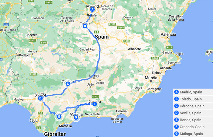 Mapa - El mejor viaje por carretera por el sur de España de Madrid a Andalucía 13 días