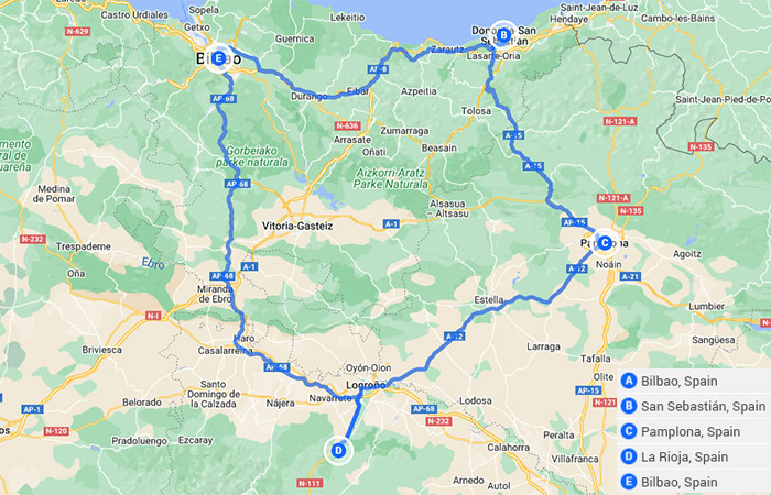 Mapa - Road Trip por el País Vasco y la Región Vitivinícola: Bilbao, San Sebastián, La Rioja y Pamplona - 7 días